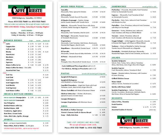 Caffe Trieste Menu